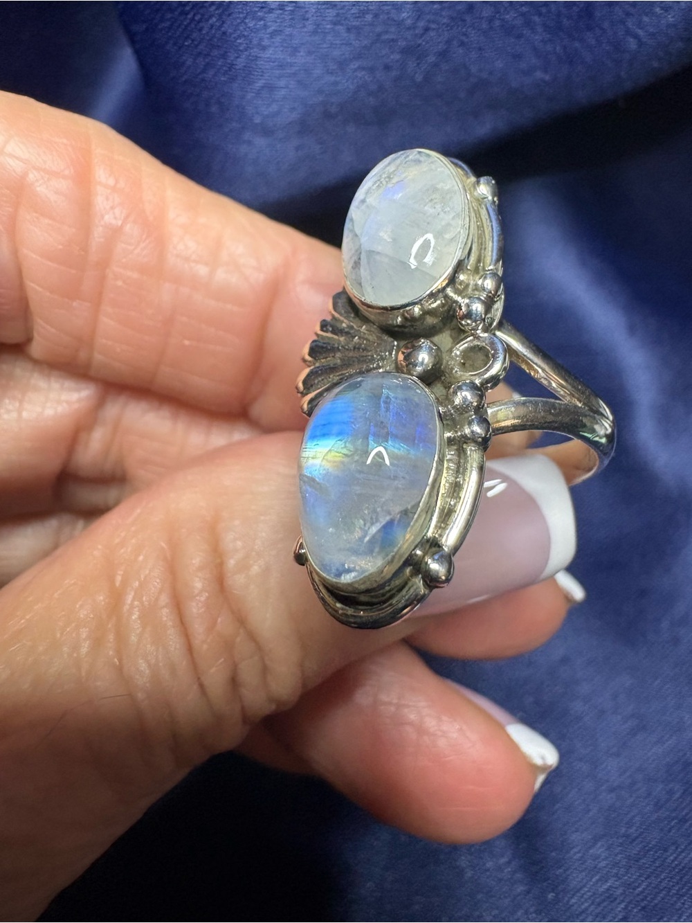 Ring Genuine Double Moonstone 925 Sterling Silver Bright Blue Flash - Picture 2 of 7